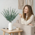 16" Artificial Eucalyptus Stems Potted Plant - Realistic Small Fake Desk Plants for Office Home Decor, Faux Plants in Frosted Ceramic Vase for Indoor Spaces, Wedding Centerpieces Table Decor（20 pcs）