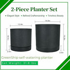 GreenShip Planter Set of 2 (13.7" & 11.8") – Dual-Use Self-Watering or Traditional Indoor Cylinder Flower Pots with Saucers & Side Drainage – Durable Lightweight Clay & Resin Blend