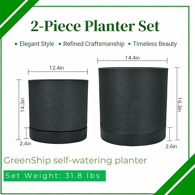 GreenShip Planter Set of 2 (13.7" & 11.8") – Dual-Use Self-Watering or Traditional Indoor Cylinder Flower Pots with Saucers & Side Drainage – Durable Lightweight Clay & Resin Blend