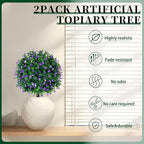 Artificial Purple Flower Boxwood Topiary Ball Trees,2 Set of 16'' UV Resistant Fake Evergreen Shrubs Bushes Plants with Ground Spike, Fake Plants for Outdoor Indoor Front Porch Garden
