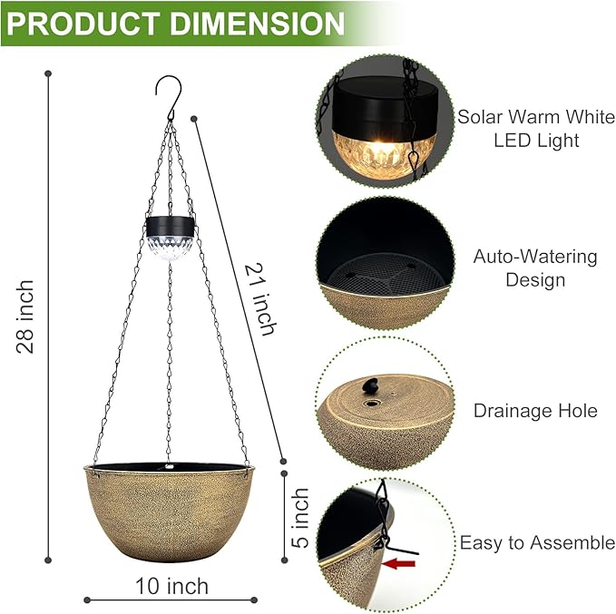 BAYN 2 Packs Solar Hanging Basket Planters for Plants Outdoor, Self Watering Copper Flower Plants Pots with Solar Light Drainer for Balcony Patio Garden Outdoor Decoration