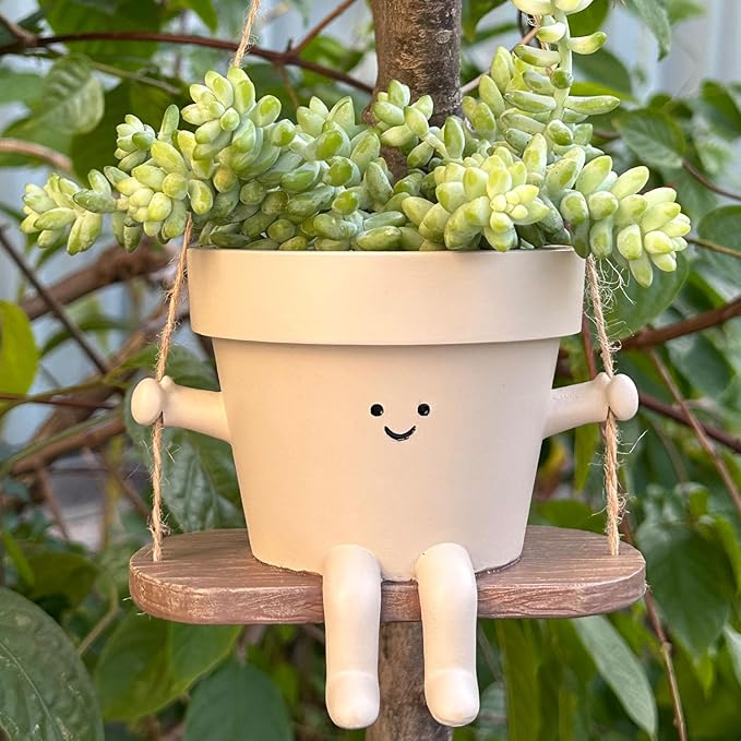 Swing Face Planter Pot Hanging Cute Flower Head Planters - Unique Sitting Sway Pots Indoor Outdoor Plants Succulent Pot String of Pearls Plant Live Resin Flower Pots Gift Ideals for Mother, Christmas