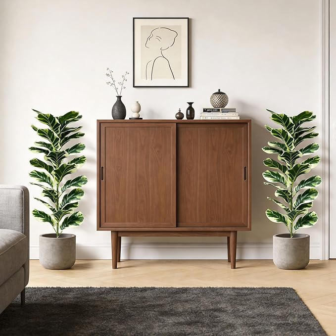 Set of 2 Fiddle Leaf Fig Tree 40'' Fake Tree Plants Artificial Decor with Green Artificial Turf Artificial Indoor Plants Small Fake Plants for Office Bathroom Bedroom Living Room(Variegated)