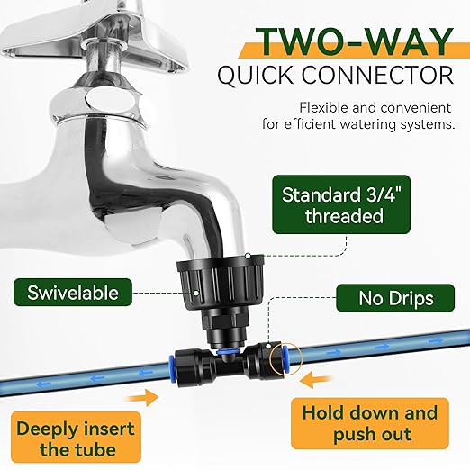 Meonum 65FT Greenhouse Watering System, Quick Connector Hanging Plant Watering System Automatic Mist Irrigation Kit with 1/4'' Blank Tubing, Two way Faucet Connector, Adjustable Misting Nozzle(2 Pack)
