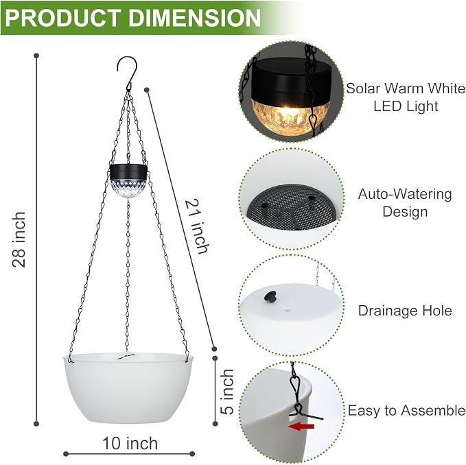 BAYN 2 Packs Solar Hanging Basket Planters for Plants Outdoor, Self Watering White Flower Plants Pots with Solar Light Drainer for Balcony Patio Garden Outdoor Decoration