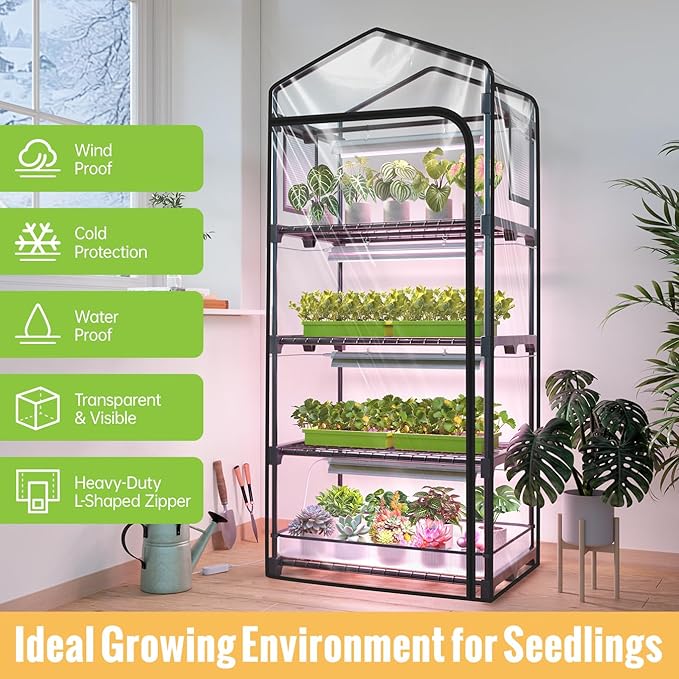 Mini Indoor Greenhouse with Grow Light, 4-Tier Plant Stand with Zippered Cover, Ventilation Window, Bottom Pouch, 20W Full Spectrum Plant Light with Timer for Seedling, 27"L x 19"W x 63"H