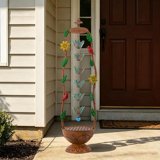 40.6" H Outdoor Tiered Water Fountain, Vintage Floor Standing Fountains with 6 Hanging Lotus Cups, Indoor Cascading Water Fountain Feature for Garden Yard Home Decor
