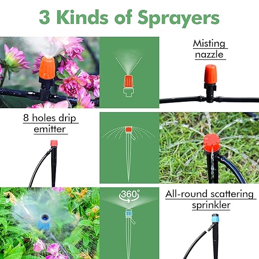 ASEVAT Drip Irrigation System Kit, 26FT+197FT Garden Watering System with Hose Distribution Tubing Drip Emitters Connectors,Automatic Drip Irrigation Kit for Plant,Greenhouse, Yard,Lawn,Patio