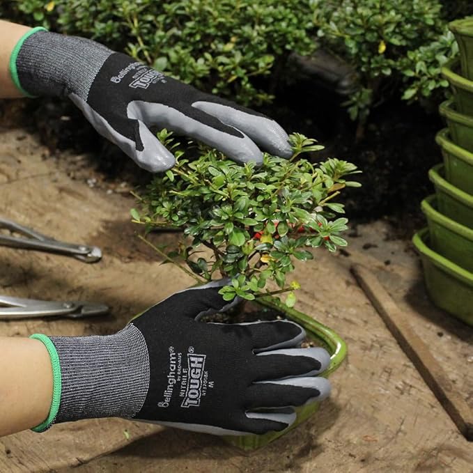 Brussel’s Bonsai Nitrile Tough Gardening Gloves – Durable Nitrile Coated Gloves – Black, Pair, Medium