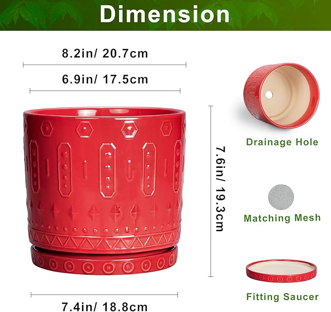 Ceramic Plant Pots, 8 Inch Plant Pots Indoor Outdoor, Round Flower Pot with Drainage Hole and Sacuer, Boho Pot for Plants, Decorative Planter, Home Room Bathroom Decor, Garden Gifts, Red