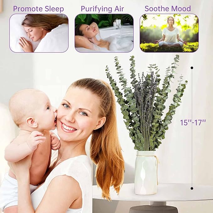 65 PCS Dried Eucalyptus Stems & Lavender Flowers Bundle for Shower, 17'' Natural Real Live Eucalyptus Leaves Greenery Hanging Lavender Shower Plant for SPA Home Fragrance Bathroom Wall Decor