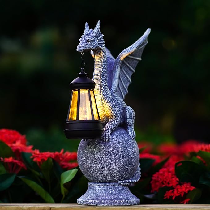 Solar Garden Dragon Statue: Outdoor Figurine with Lantern Lights Weatherproof Resin Decorations for Home Yard Lawn Porch Balcony Patio - Mothers Day Gifts for Mom Women Grandma