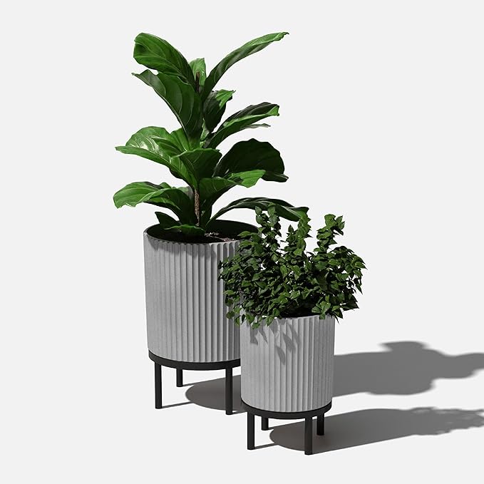 Veradek Demi Series Round Planter w/Stand for Porch/Patio | Durable Plastic-Stone Composite & Wooden Stand | Modern Décor for Tall Plants, Flowers