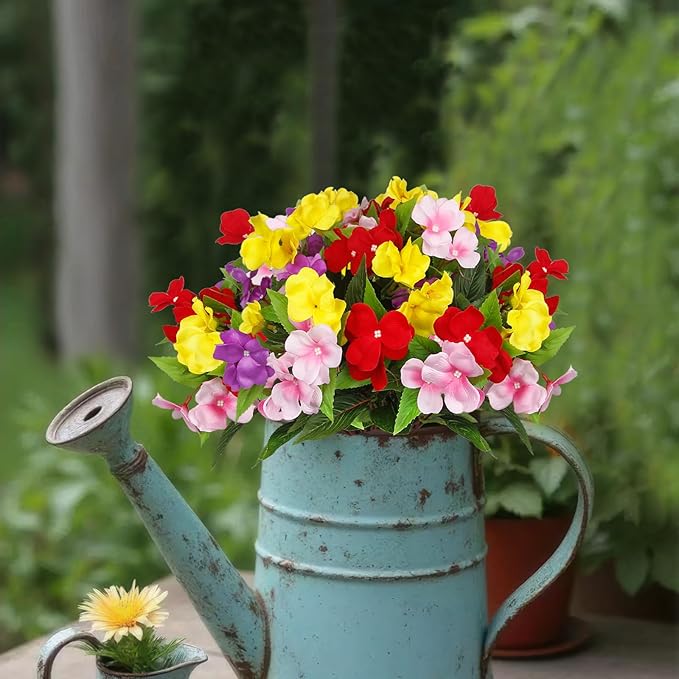 CITYES 4 Pcs Artificial Flowers for Outdoors Impatiens UV Resistant Silk Flowers Hibiscus Faux Impatiens Flowers for Outdoor Planters Pot Patio Garden Hanging Basket Porch Table Indoor Decor