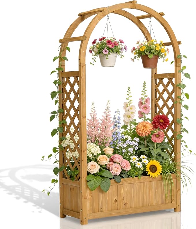 VINGLI Raised Garden Bed with Trellis & Hanging Roof, Wooden Garden Bed, Outdoor Planter Box for Yard, Garden, Balcony (Natural Wood Color, Arched)