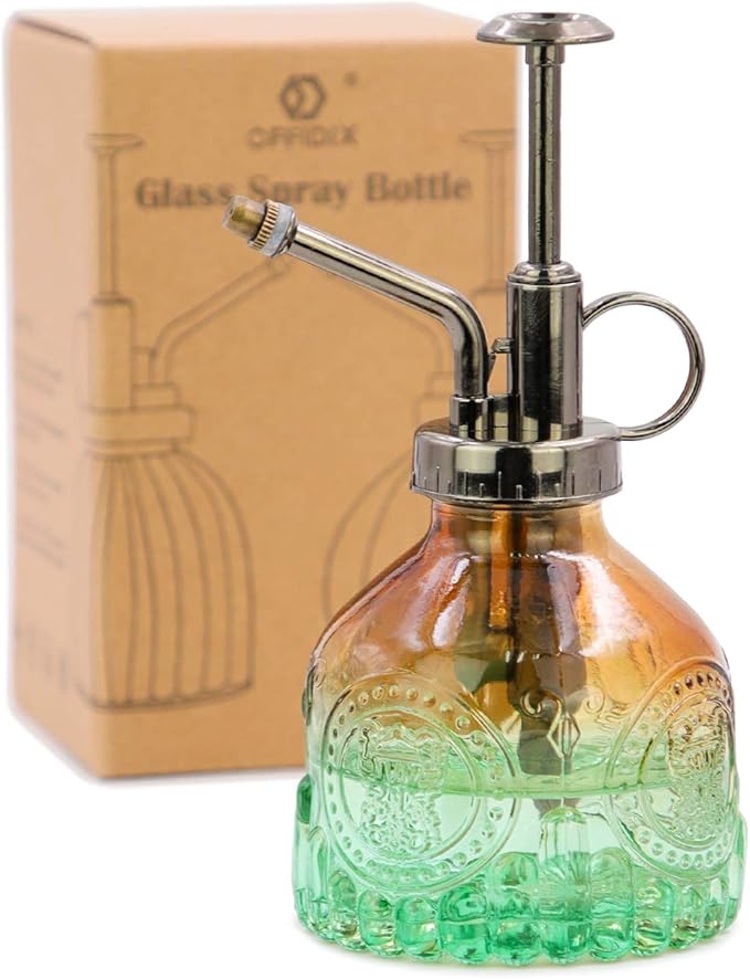 OFFIDIX Glass Plant Mister Spray Bottle, Vintage Spritzer, Succulent Watering Bottle with Bronze Plastic Top Pump, Small Sprayer Mister for Garden and Indoor Plants