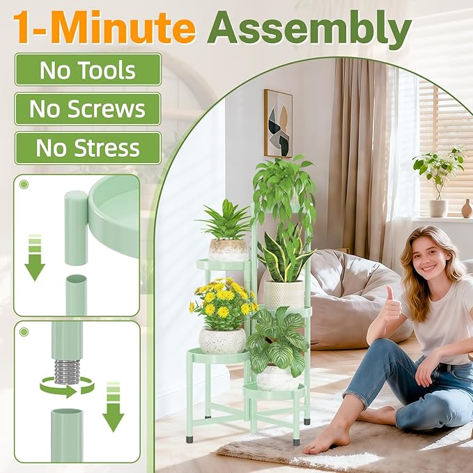 iDavosic.ly Plant Stand Indoor Outdoor, 5 Tier Corner Metal Flower Display Holder Shelf, Folding Tall Orchid Rack for Patio Balcony Porch Garden Living Room House, Light Green