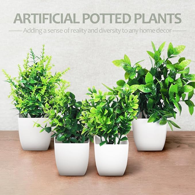 Totority Faux Potted Plants Set of 4 Realistic Artificial Greenery Table Centerpieces for Home Office Decor Indoor Low Maintenance Plant Decorations 7.48X5.90X1.96 Inch