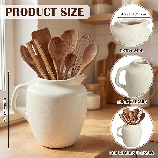 Potchen Rustic Kitchen Utensil Holder with Handle,7.48" H Ceramic Vintage Utensil Crock for Countertop, Farmhouse Kitchen Decoration Ceramic Pot for Spatulas Spoons Tongs(Novelty,Antique Cream)