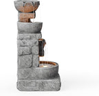 Teamson Home 33" Outdoor Water Fountain with LED Lights, 3-Tier Cascading Bowls, Weather-Resistant Resin Garden Water Feature for Patio, Lawn, and Backyard Decor – Stone Gray