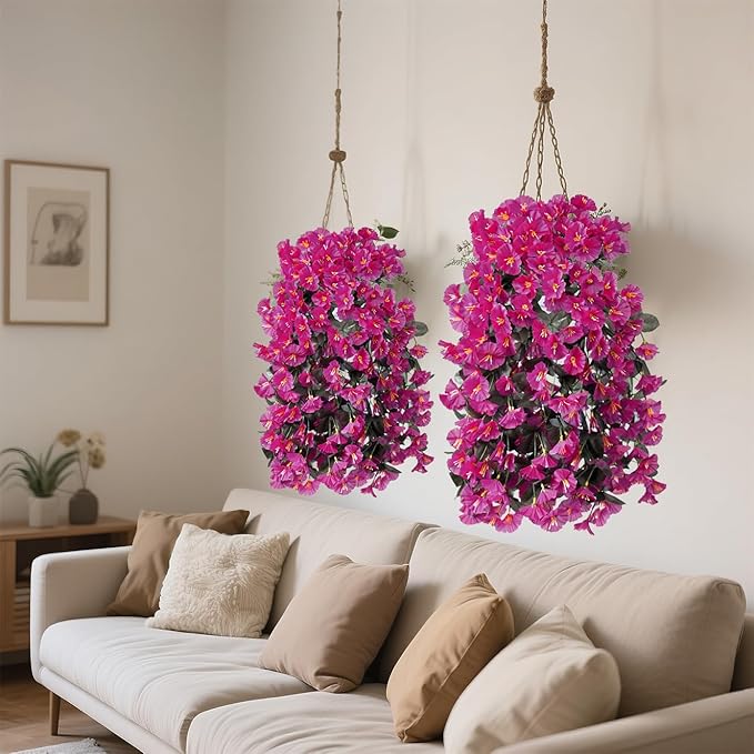 Artificial Flowers for Outdoors Fake Fuchsia Morning Glory Hanging Flower Decoration, 2Pcs Realistic Faux Plants Petunias Long Trailing Vines,Spring Decor for Porch Patio Balcony Planter Yard