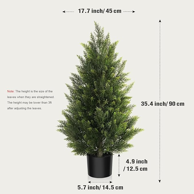 Vitalismo Outdoor Artificial Cedar Topiary Tree, Faux Evergreen Shrubs for Front Porch Decor, Lifelike Fake Bushes Plants for Home Living Room Front Door Decor (1, 3ft)
