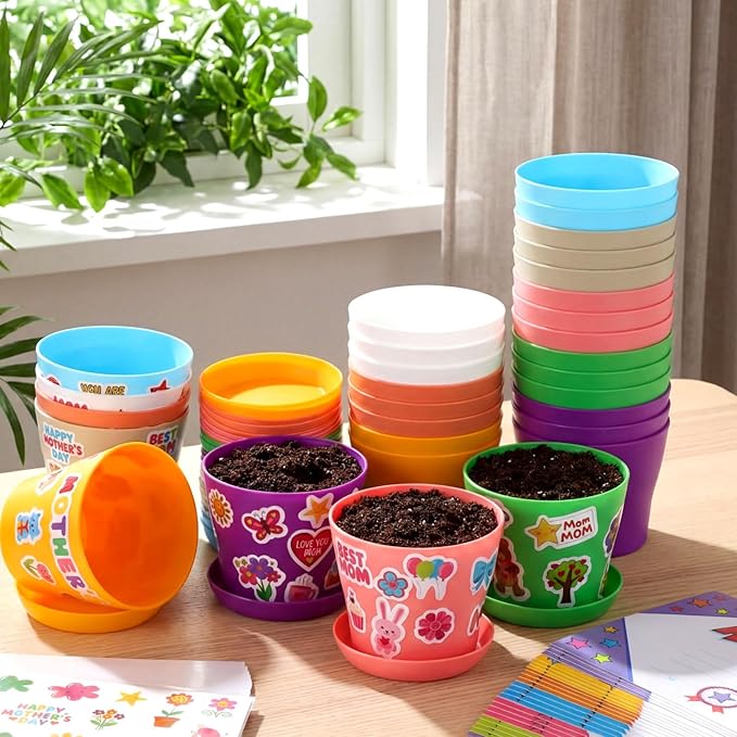 Domensi 30 Pack Garden Pot Craft Kit 4 Inch DIY Happy Mother's Day Crafts for Kids Bulk Small Plastic Flower Plant Pot Plastic Planter with Tray Drainage Holes with Tag, Certificate of Award, Sticker