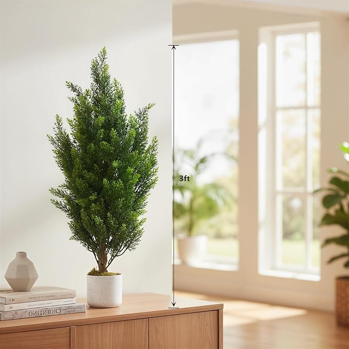 Garvee 2 Pack 3FT Artificial Cedar Trees 3FT, Evergreen Faux Plants for Indoor Outdoor Office Decor