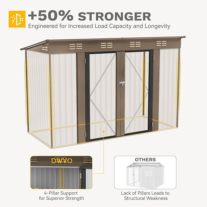 DWVO 9 x 4' Outdoor Storage Shed, Large Metal Tool Sheds, Heavy Duty Storage House with Lockable Doors & Air Vent for Backyard Patio Lawn to Store Bikes, Tools, Lawnmowers, Brown