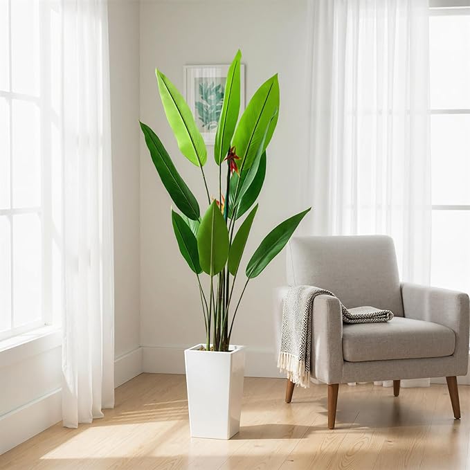Garvee 7.7FT Artificial Bird of Paradise Plant, Faux Banana Tree in White Tall Planter, Decorative Evergreen Tropical Floor Plant for Living Room, Entryway, Porch, Office