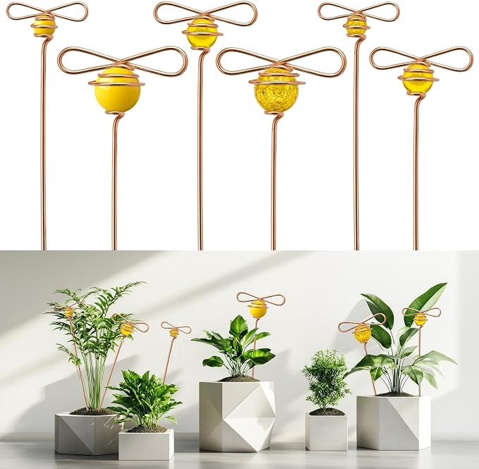 Hushee 6 Pcs Bee Garden Stakes Decor Copper Decorative Plant Stakes Bee on Stick Yard Suncatcher Decorations with Glass Acrylic Balls for Pot Lawn Patio Corridor Flower Bed Outdoor Plant