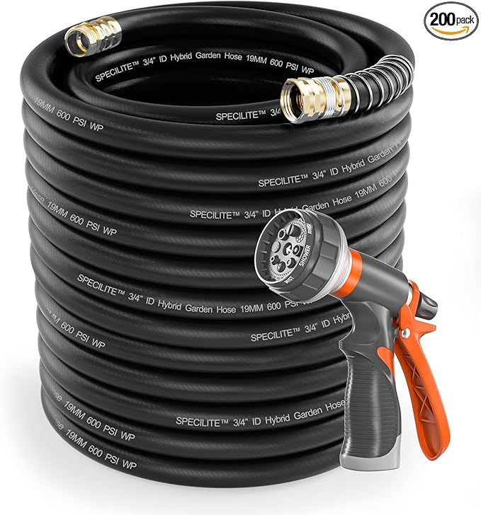 SPECILITE Garden Water Hose 200 ft x 3/4 in Heavy Duty, Flexible and Lightweight, Burst 600 psi, Kink-less Hybrid Rubber Pipe for Backyard, 3/4'' Brass Fittings, Black