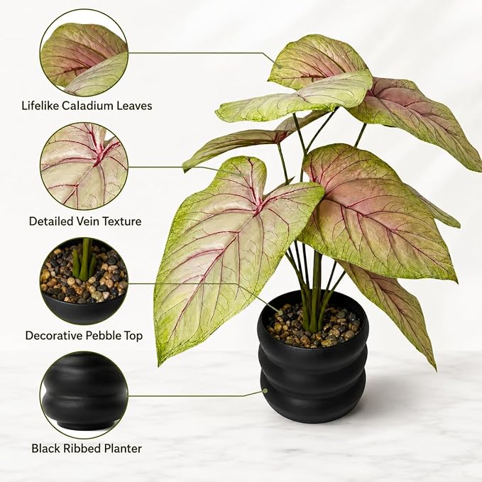 16'' Fake Plant Tall Artificial Caladium Plants Indoor with Black Planter Design, for Home Living Rooms Patios Porches Bathrooms Outdoor Decor (Red)