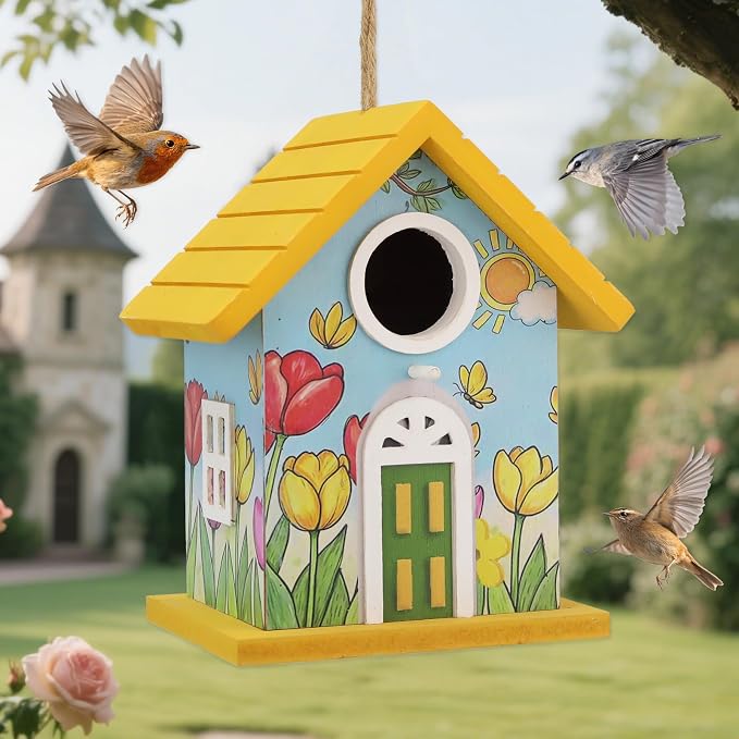 Wooden Bird Houses Bird House for Outside Yellow Wood Bird House for Outdoors,Handmade Painted Tulips Bird Houses for Garden Blue Bird Hummingbird Wren Cardinal Swallow Sparrow Finch Chickadee