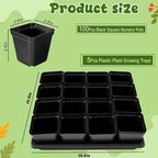 NNG 2.6 inch 100 Pcs Black Square Nursery Pots with 5 Pcs Plastic Seed Starting Trays,Plant Propagation Starter Kit Square Seed Starting Pots with Drain Holes