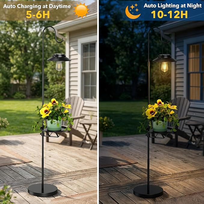 60.62'' Shepherd's Hook Stand Plant with Solar Lantern, Outdoor Floor Lamp, Wind Chime Hanger Stand, Waterproof Metal & Adjustable Height Standing Pole Holder Garden Light for Patio, Porch, Deck Decor
