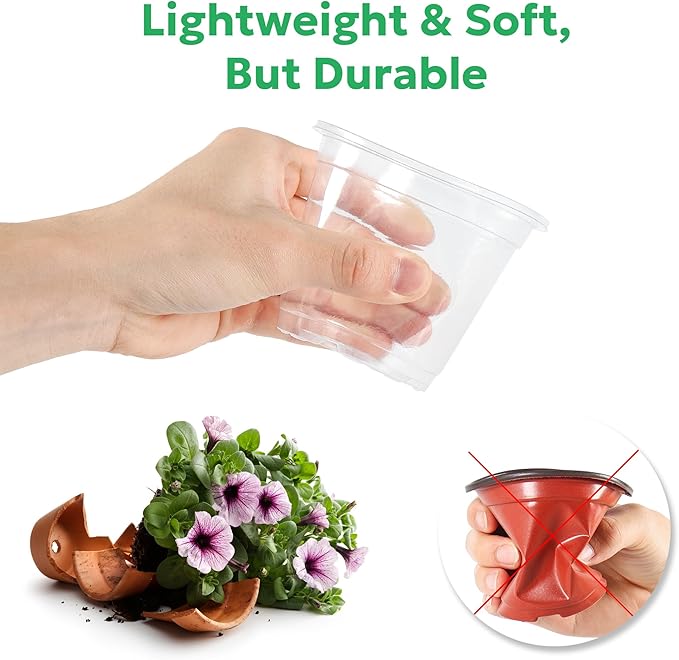 Bluepro 50 Packs 4 Inch Reinforced Clear Nursery Pots with Drainage Holes, Transparent Plastic Plant Pot Seedling Planter for Vegetable Propagation, Root Cutting, Seed Starting