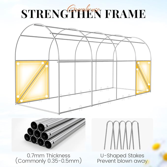 KING BIRD Premium 15x6.6x6.6FT Greenhouse for Outdoors, Large Walk-in Upgraded Galvanized Metal Frame, Mesh Door Screen Window Improved Zipper Tunnel Hoop for Garden Plant Winter, White