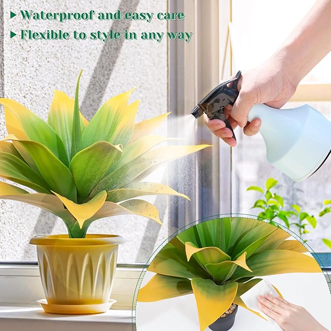 2 Pack 16 Inch Artificial Agave Plant - Large Faux Succulent Steams for Indoor Outdoor Decorating, UV Resistant Realistic Tropical Greenery for Garden Front Porch Aesthetic Decor - 18 Leaves, Yellow