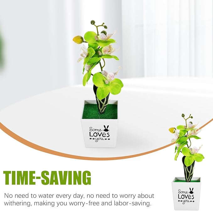 Artificial Moth Orchid Potted Plant Green Plastic Desktop Faux Flower Simulation Home Décor Tabletop Artificial Potted Flower for Living Room Office