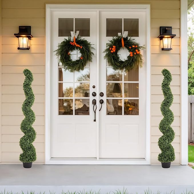 THE BLOOM TIMES 5ft Spiral Topiary Trees Artificial Outdoor Set of 2, Faux Boxwood Plants Outside - All-Year Green Fake Twisted Tree for Garden Front Porch Planter Decor 5 Foot