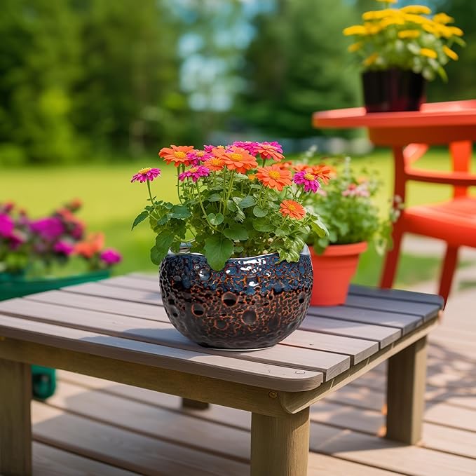 Ceramic Planter - 8 Inch Plant Pots with Drainage Hole and Plug, Unique Flower Pots for Indoor Outdoor Plants, Round Decorative Pots for Plants, Home Decor, Graduation Gifts, Brown-Blue