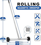 Toolwiz 17" Rolling Magnetic Sweeper 10lbs, with 8 lbs Telescopic Magnetic Pick Up tools with LED light–Lightweight Pick-up Sweeper with Wheels for Nails, Screws & Metal Debris Home Use Workshop
