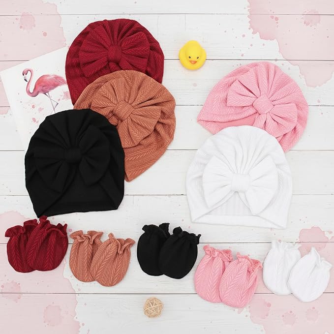 BQUBO Baby Turban Hats and Mittens Set Newborn Infant Hospital Hats Caps with Bows for Baby Boys Girls 0-12 Months
