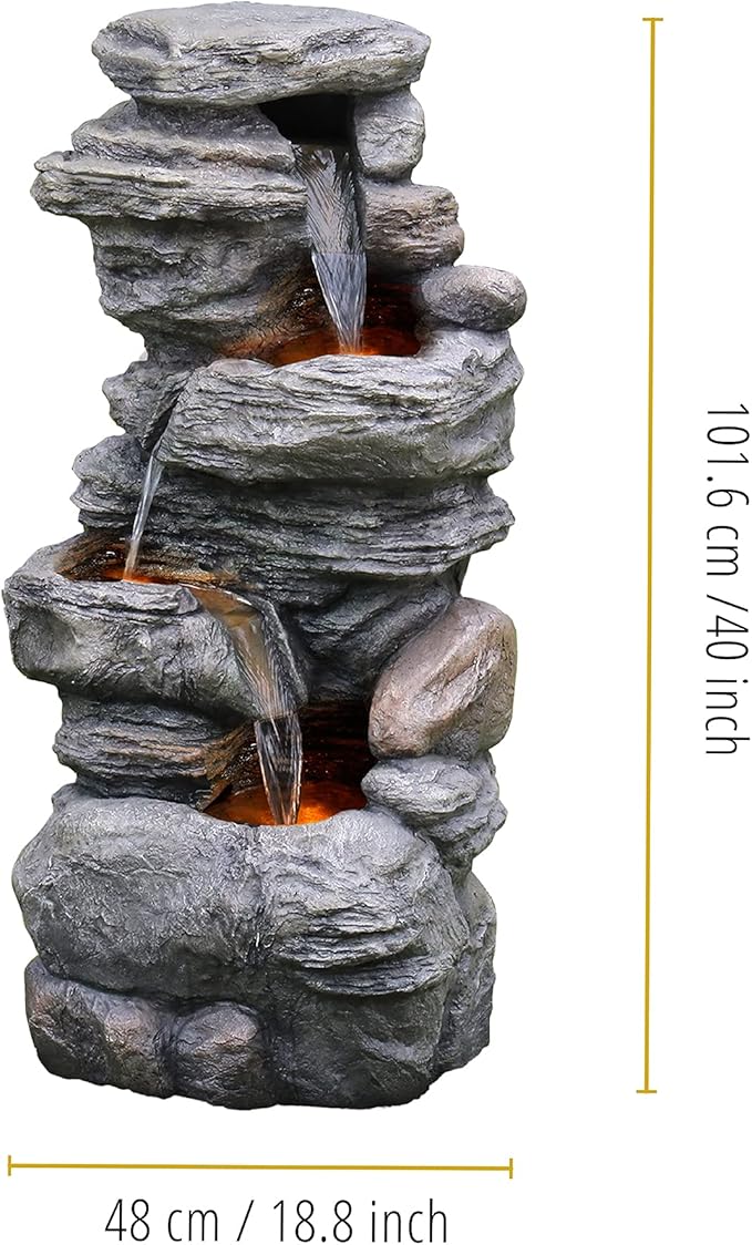 Teamson Home 39.37 in. Outdoor Faux Stacked Stone 4-Tier Water Fountain with LED Lights and Pump, Gray