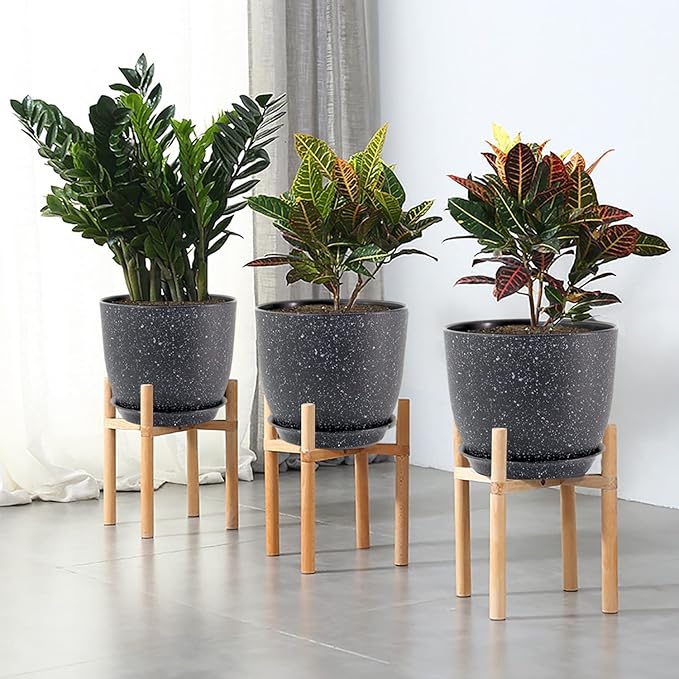 UOUZ 12/10/9 Large Modern Plant Pots, Plastic Planters with Drainage Holes and Saucers for Indoor Outdoor Plants Flowers, Black Speckles