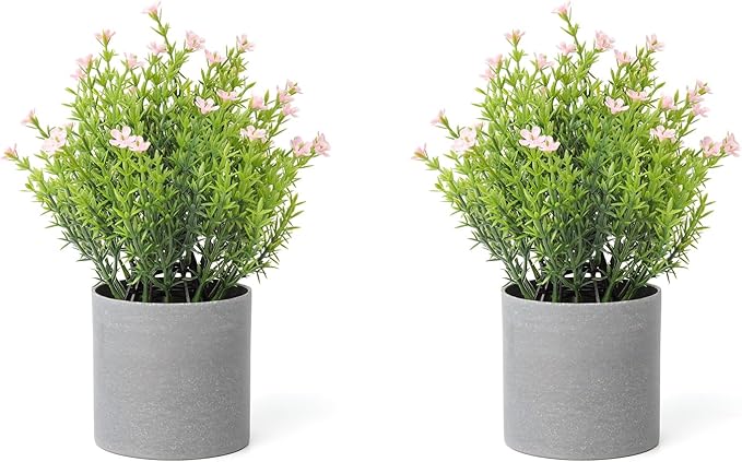 2 Pack Small Desk Plants, Artificial Bathroom Plants Decor with Thyme Flower in Vintage Melamine Pots, Faux Plants Indoor for Shelf Decor in Home Office, and Spring Decor (Pink)