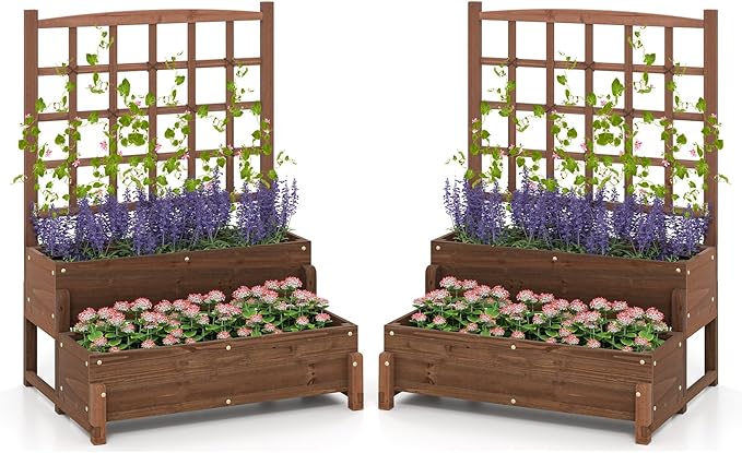 Giantex 2 Pcs Raised Garden Bed with Legs and Trellis, 2-Tier Standing Planter Box with Drain Holes, Outdoor Elevated Garden Trellis for Vine Climbing, Flower Vegetable Fruit Herb Growing