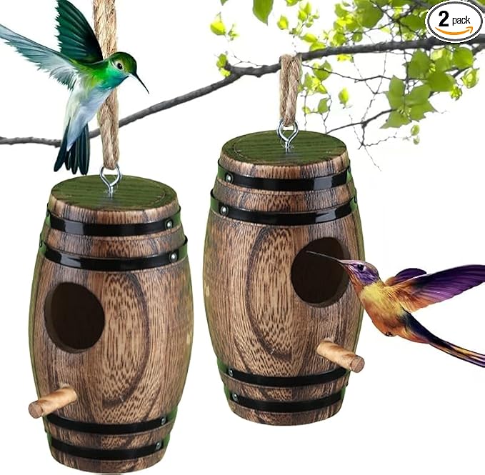 2 Pack Hummingbird Houses for Outside, DY-SKTY Wooden Hummingbird House for Nesting, Hanging Bird Houses for Outdoors with Pole, Unique Garden Gifts Home Decoration