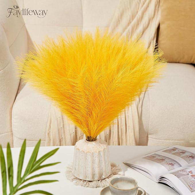 50PCS Pampas Grass Decor, 17" Yellow Pompas Grass, Fluffy Small Pampas Grass for Vase Filler Home Wedding Wall Table Party Decoration